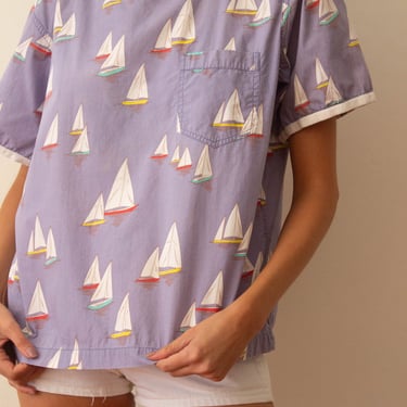 1980s Ralph Lauren Sailing Print Square Neck Cotton Shirt 