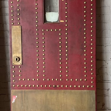 Red Leather Wrapped Restaurant Door w Brass Rivets and Kick Plate
