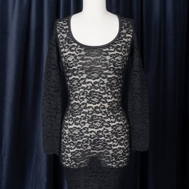 Vintage Saks Fifth Avenue Black Stretch Lace Long Sleeved Bodycon Dress 