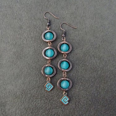 Long teal frosted glass  and copper earrings 