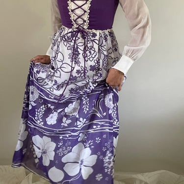 70s maxi dress / vintage white purple sheer cotton voile empire corset bodice puff sleeve maxi dress | Small 