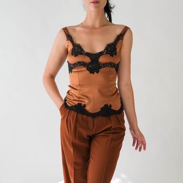 Vintage Dolce & Gabbana Caramel Bronze Silk Camisole Tank Top w/ Black Lace Accents | Made in Italy | 1990s 2000s Designer Stretch Blouse 