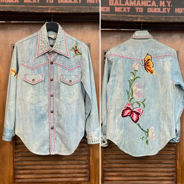 Vintage 1960’s Denim Butterfly Embroidery x Rhinestone Glam Hippie Shirt, 60’s Denim Jacket, Vintage Clothing 