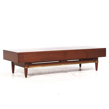 American of Martinsville Dania Mid Century Walnut and Brass 3-Drawer Bench - mcm 