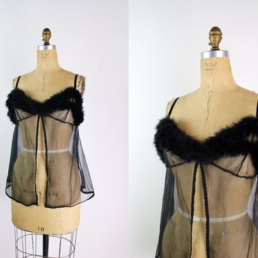 80s Black Feathers Sheer Camisole /Black Lingerie Top / Black Marabou Top / Marabou Lingerie / Black Marabou Sheer camisole / Size S/M 