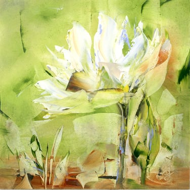 Expressive Oil Painting of White Lotus in Natural Environment - Expressive Florals - Still Life Oil Painting Square - Daily Painter - 6x6 