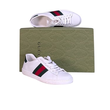 Gucci - White White Leather Sneakers w/ Green & Red Side Stripe