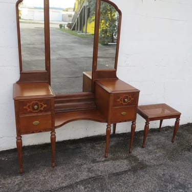 Early 1900s Carved Vanity Makeup Table with Trifold Mirror and Caned Stool 5208