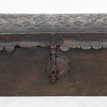 Spanish Revival Tooled Leather Wood Chest, 19th C