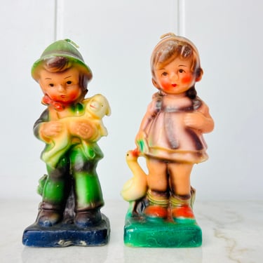 Vintage Hummel-style Figurine candle set of 2, boy with lost sheep, girl with duck, for cute and rare collectible, decor, gift 