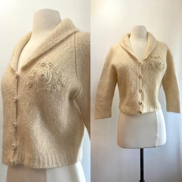 Vintage 50s Cardigan Sweater / MOHAIR / CROPPED + Bracelet Sleeves / Embroidered Floral Detail w/ Rhinestones + Pearls 