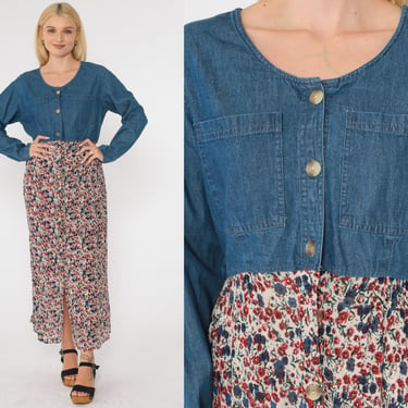 Vintage Floral Denim Dress 90s Maxi Jean Dress Summer 1990s Button Up High Waist Shirtdress Ditsy Long Sleeve Blue Chambray Rayon Large 