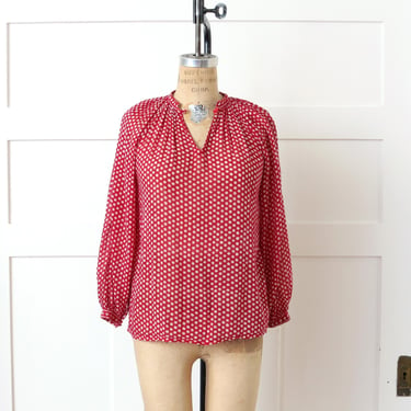 vintage 1970s indian cotton top • bohemian red & white hippie blouse with bishop sleeves 