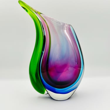 Vintage Hand Blown Murano Sommerso Blue, Purple and Green Art Glass Vase by LeChalet