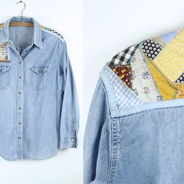 Reworked Denim Shirt - Quilted Yoke & Front Accent - Marks and Spencer Brand - Light color Denim Shirt 