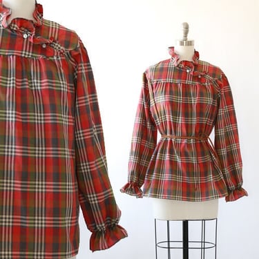 Autumn paid blouse | Vintage 70s ruffle plaid long sleeve top 