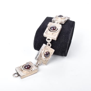 Vintage Square Link Garnet Cabochon Israeli Silver Bracelet, Sterling Silver Cabochon Bracelet, 7