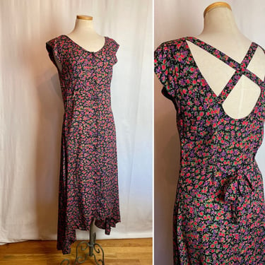 90’s rayon dress micro floral print long fluted romantic feminine~ cinched waist 20’s-30’s inspired ~low back ~ draping cottagecore /small 