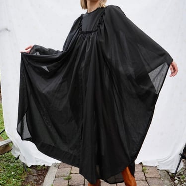 Vintage 60's 70's Tent Caftan Dress / Semi Sheer Dress / Black Cotton Bibbed Yoke Boho Maxi Gown / Witchy Seventies Bohemian 