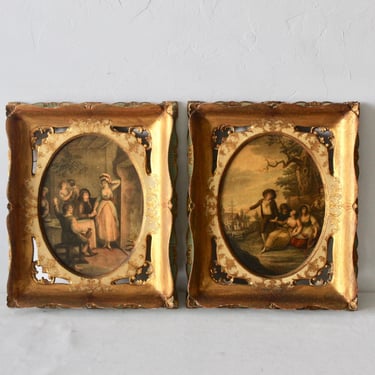 Italian Florentine Gilded Frames with Francis Wheatley Style Vintage Prints-a pair 