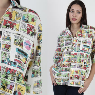 Vintage 70s Funnys Brand Blondie Comic Strip Shirt, 1970s Cartoon All Over Print Button Up Large L 