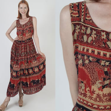 Animal Print India Gauze Sundress, Vintage 90s Tribal Batik Maxi Dress, Button Up African Jungle Print 