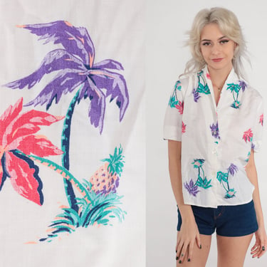 Tropical Shirt 80s White Hawaiian Blouse Palm Tree Print Pineapple Button Up Surfer Vacation Short Sleeve Top Vintage 1980s Rayon Medium 