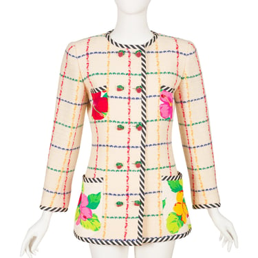 Emanuel Ungaro 1993 S/S Vintage Hibiscus Silk Plaid Cream Wool Double-Breasted Jacket Sz S 