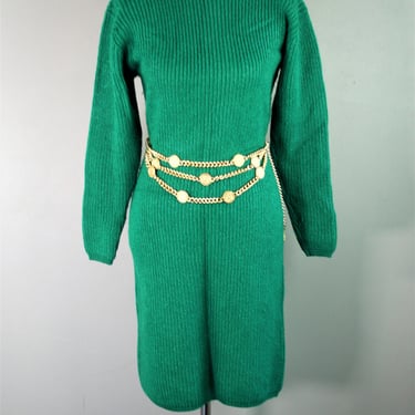 The Color of Money - Kelly Green Sweater Dress - Circa 1970-80s - by Adrienne Vittadini 