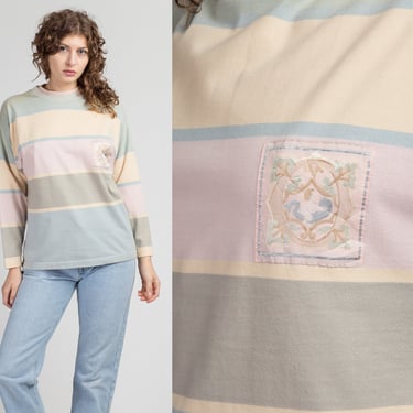 80s Cherub Patch Pastel Stripe Sweatshirt - Small | Vintage Oversize Crew Neck Color Block Pullover 