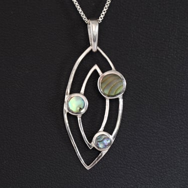 80's abalone 925 silver SU Thailand pointed ovals beach pendant, shell & sterling hippie necklace 