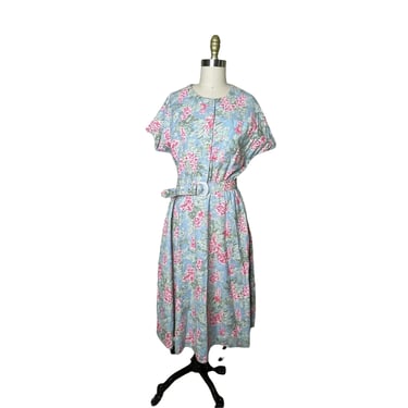 Vtg 90s Caroline Wells Dress cotton chintz Blue Floral Cottagecore Dress with pockets, size 10-12 