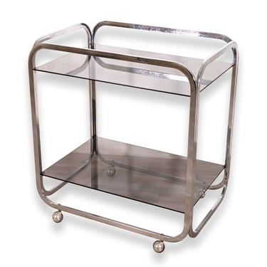 Contemporary Modern Two Tier Smoked Glass and Chrome Rolling Bar Cart 
