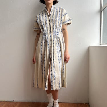 Vintage Pleated Cream + Blue Dress (M/L)