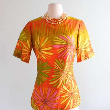 Vintage 1960's Orange Abstract Floral Hawaiian Shirt by Alex Coleman / M