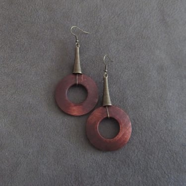 Oversized stained wood and antique bronze earrings 