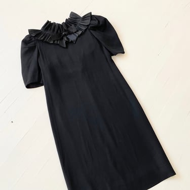 1980s Richilene Black Rayon Crepe Dress with Ruffled Pleated Bow Neckline 