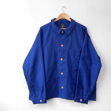 1950s Navy French Workwear Jacket - Made In England- Navy Blue Chore Coat - Wooden Buttons 