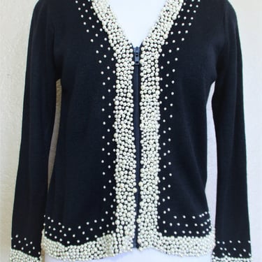 Vintage 1980s Anne Klein II Cardigan Sweater, XS Women, Dark Blue Knit, Pearl Bead Trim 