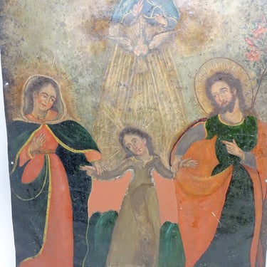 Antique 1800's Holy Family Retablo, Jesus Christ, Mary, Joseph and God the Father Oil Painting on Tin 