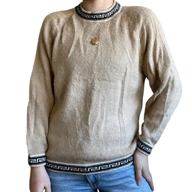 Vintage Womens Tan Brown 100% Alpaca Hand Knit Peruvian Lightweight Sweater Sz L 