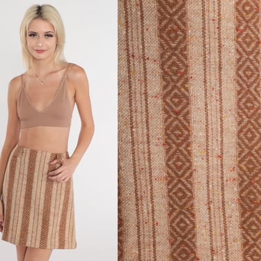 70s Mini Skirt Brown Striped Skirt Tapestry Knit High Waisted 60s Boho Hippie Skirt Gogo Space Age Go Go Vintage Skirt Extra Small xs 25 