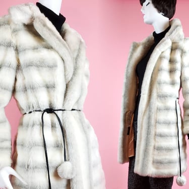 1960s luxurious furry coat with pom-pom belt.  Gradient faux fur. White & grey. Warm mod winter. (Size S) 