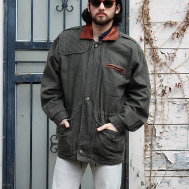 Vintage M. Julian Adventures Anorak Coat, Small Men, Olive Canvas Coat With Pockets, Brown Leather Trim 