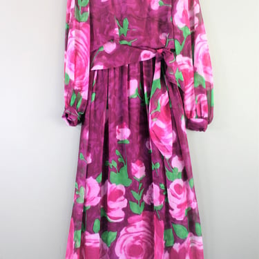 1970's - Chiffon - Cocktail Gown - Hollywood Regency - Berry/Pink/Purple - Roses - Mid Century Mod - by Leonard Sunshine - Size 10 