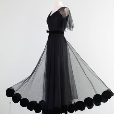 Stunning 1930's Vionnet Inspired Black Evening Gown With Velvet Dot Hem / SM