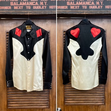 Vintage 1970’s “Jizz” San Francisco Glam Hearts x Diamonds Satin Glam Western Rockstar Shirt, 70’s Vintage Clothing 
