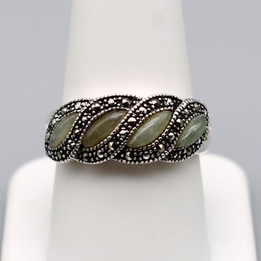 80's sterling jade marcasite size 9 waved ring, geometric NV 925 silver green nephrite pyrite graduated band 