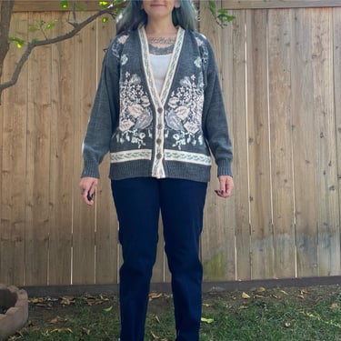 Vintage 1990’s Grey and Pink Rose Cardigan 