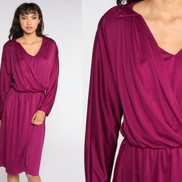 70s Disco Party Dress Purple Grecian 70s WRAP Dress Boho Midi Deep V Neck High Waist Vintage Long Sleeve Formal Bohemian Drape Medium 
